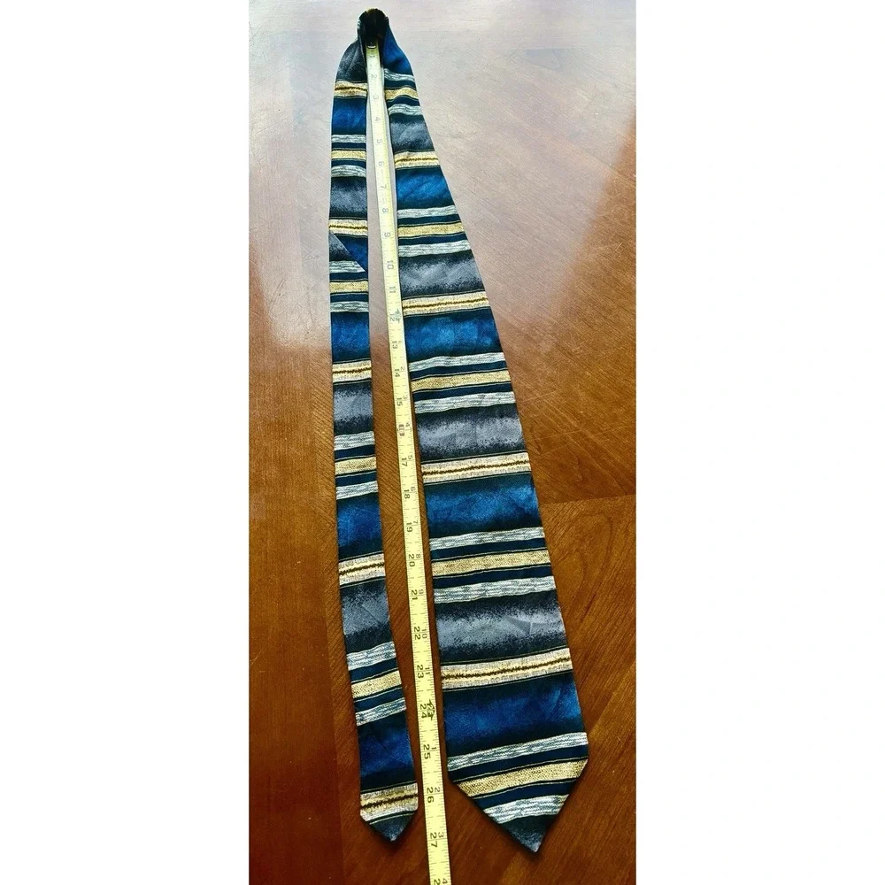 Vintage Honors Men's Tie Blue Gold Gray Abstract Striped Woven Silk 90s Retro
